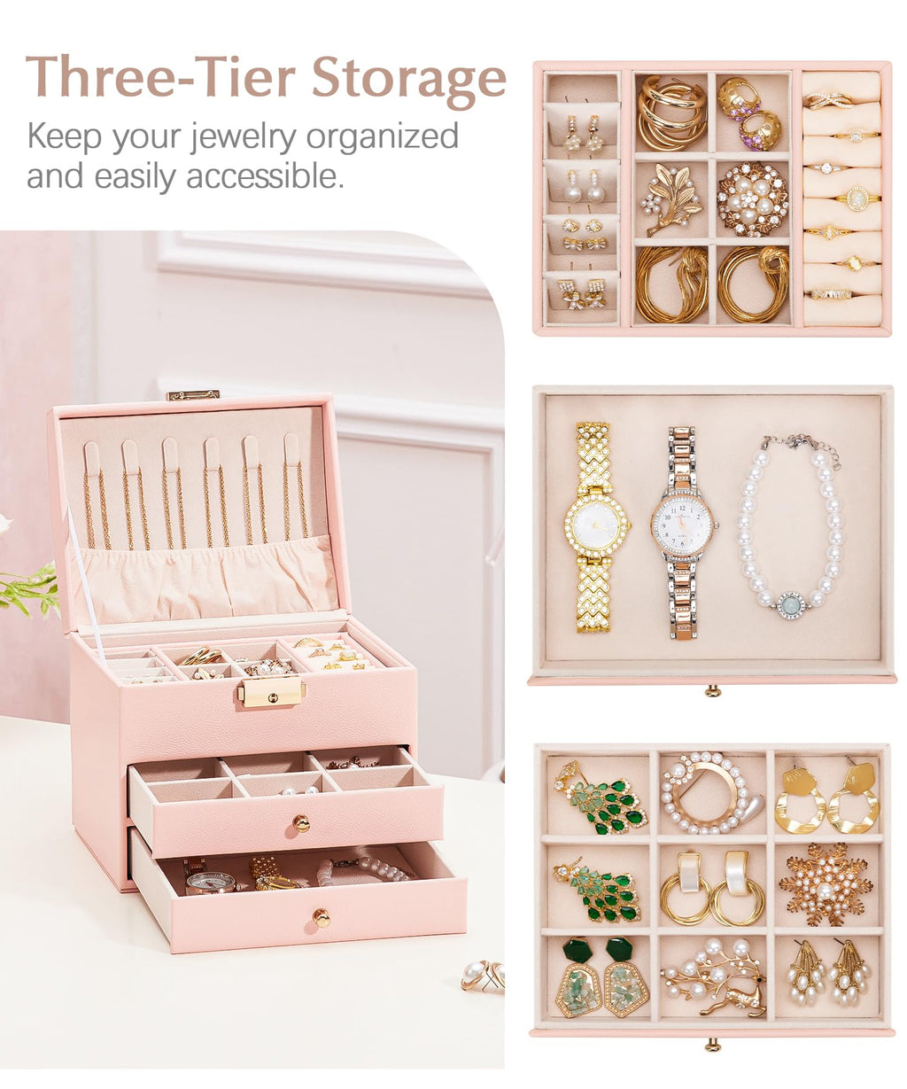 Homde Small Girls Jewelry Box with Lock, Removable Tray and 2 Drawers-Homde