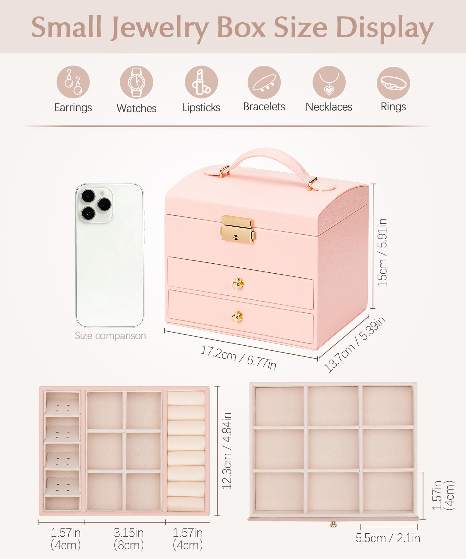 Homde Small Girls Jewelry Box with Lock, Removable Tray and 2 Drawers-Homde