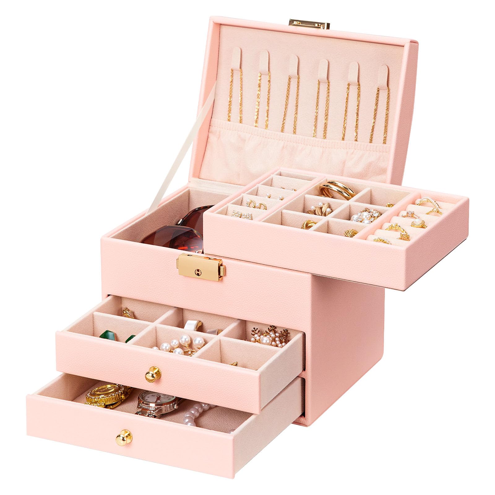 Homde Small Girls Jewelry Box with Lock, Removable Tray and 2 Drawers-Homde