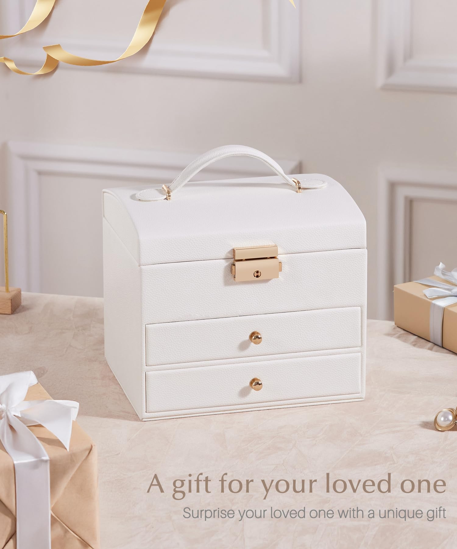 Homde Small Girls Jewelry Box with Lock, Removable Tray and 2 Drawers-Homde