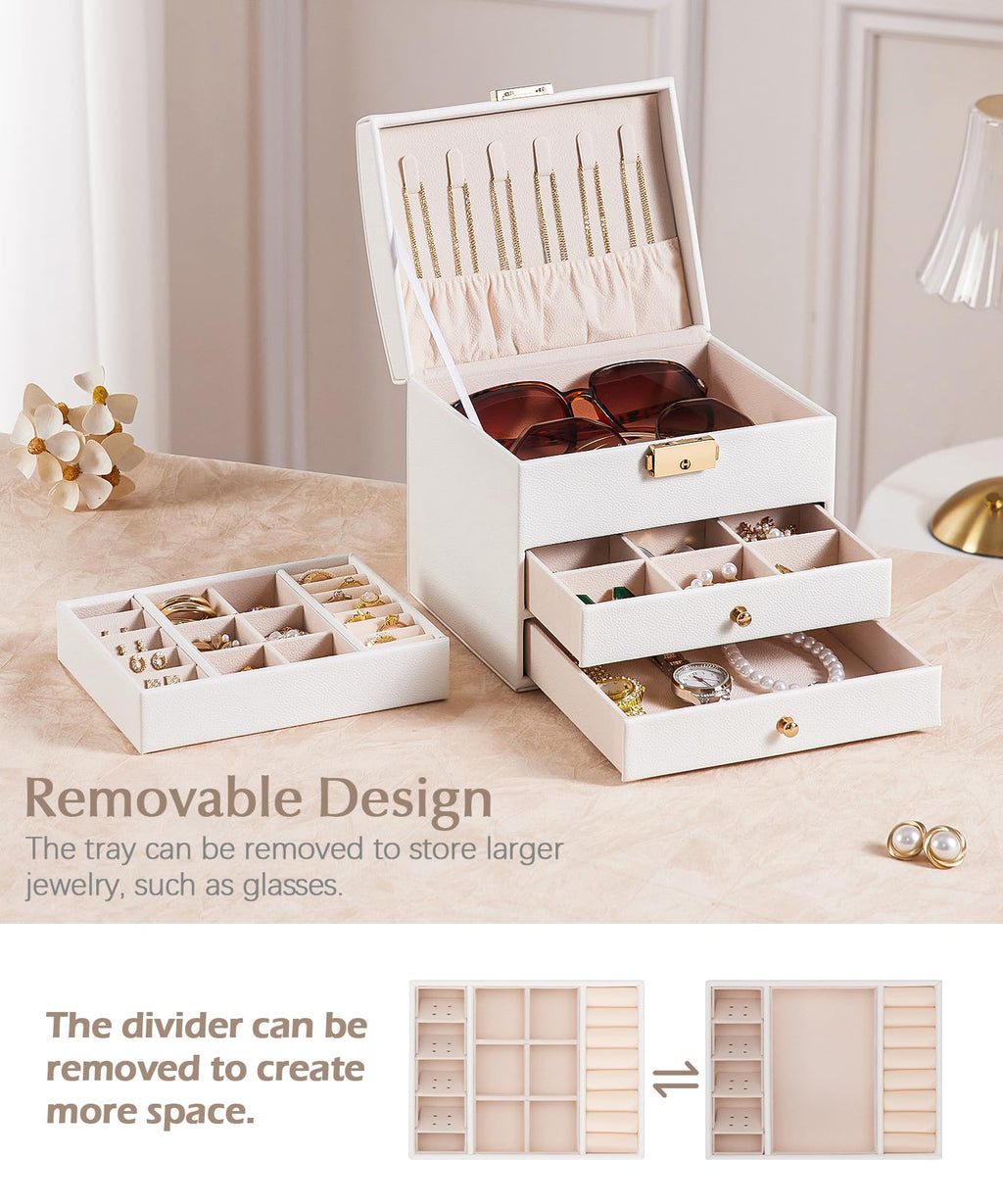 Homde Small Girls Jewelry Box with Lock, Removable Tray and 2 Drawers-Homde