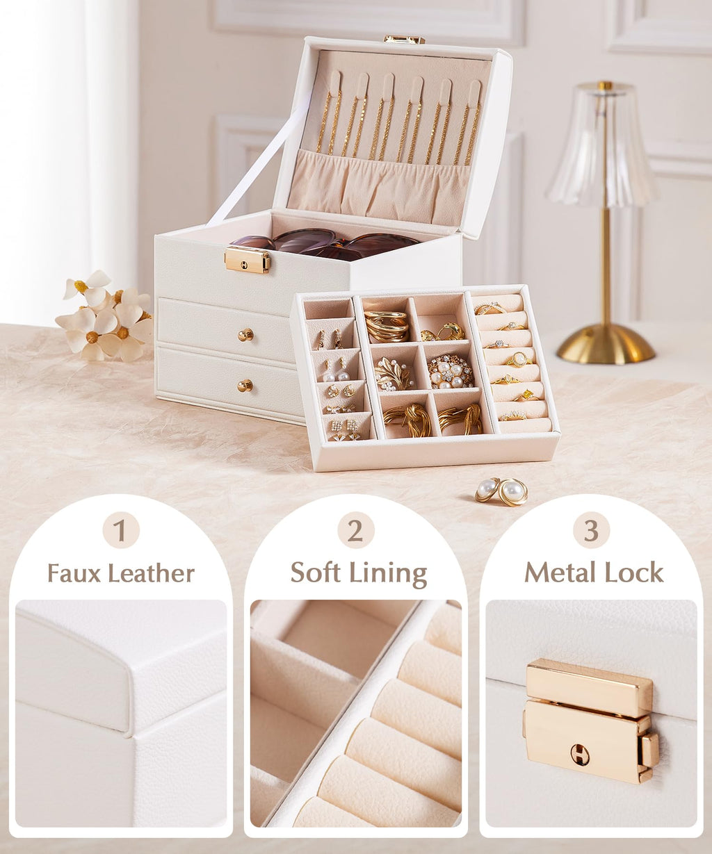 Homde Small Girls Jewelry Box with Lock, Removable Tray and 2 Drawers-Homde