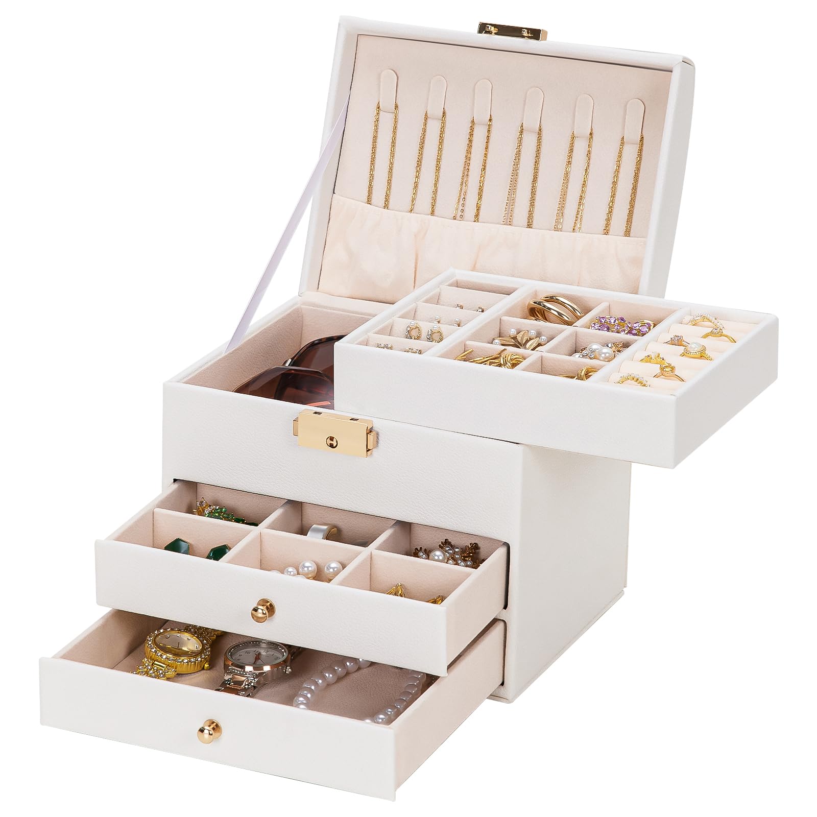 Homde Small Girls Jewelry Box with Lock, Removable Tray and 2 Drawers-Homde
