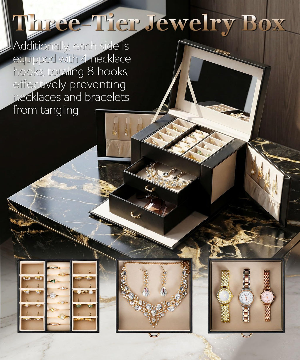 Homde Girls Jewelry Box with Lock, Mirror, 2 Drawers and Necklace Hooks-Homde
