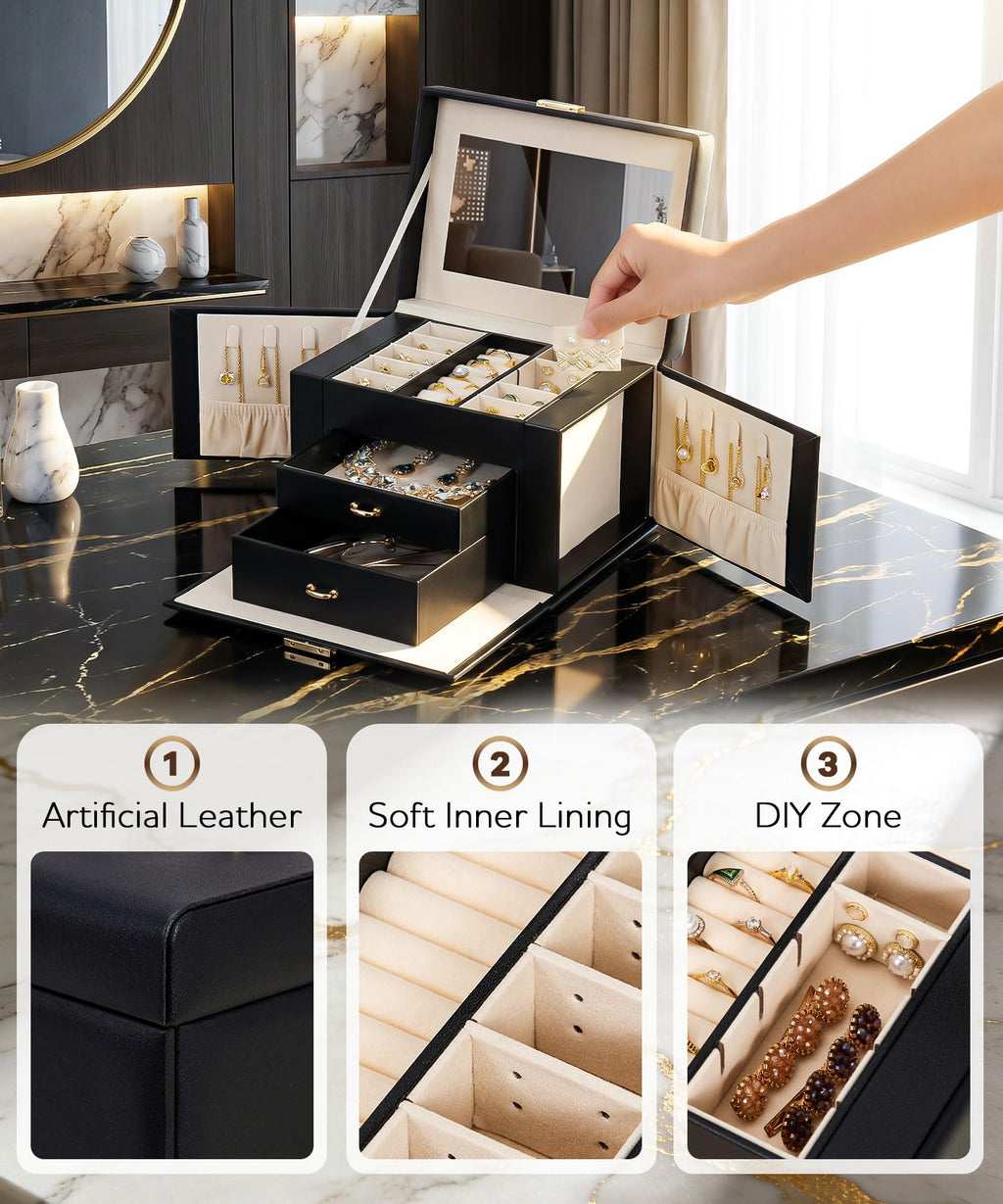 Homde Girls Jewelry Box with Lock, Mirror, 2 Drawers and Necklace Hooks-Homde