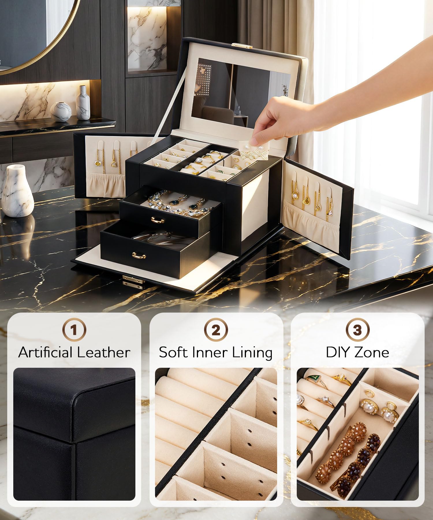 Homde Girls Jewelry Box with Lock, Mirror, 2 Drawers and Necklace Hooks-Homde