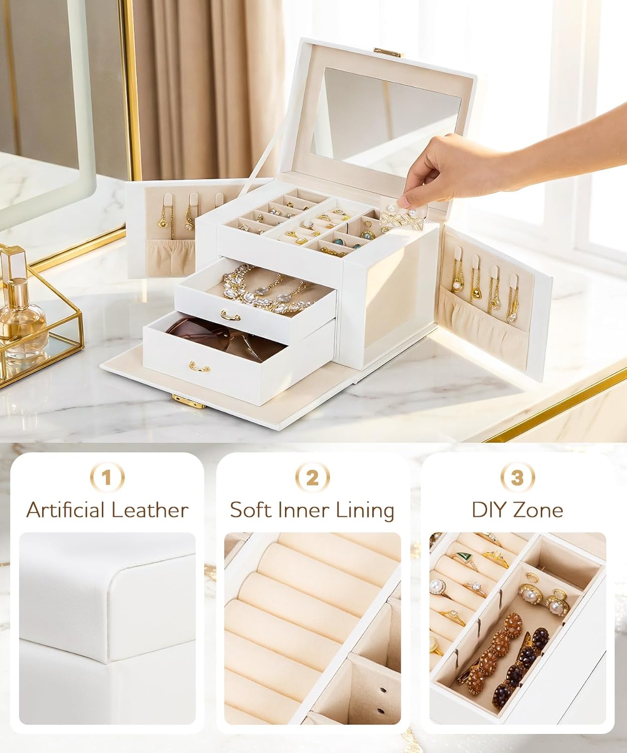 Homde Girls Jewelry Box with Lock, Mirror, 2 Drawers and Necklace Hooks-Homde