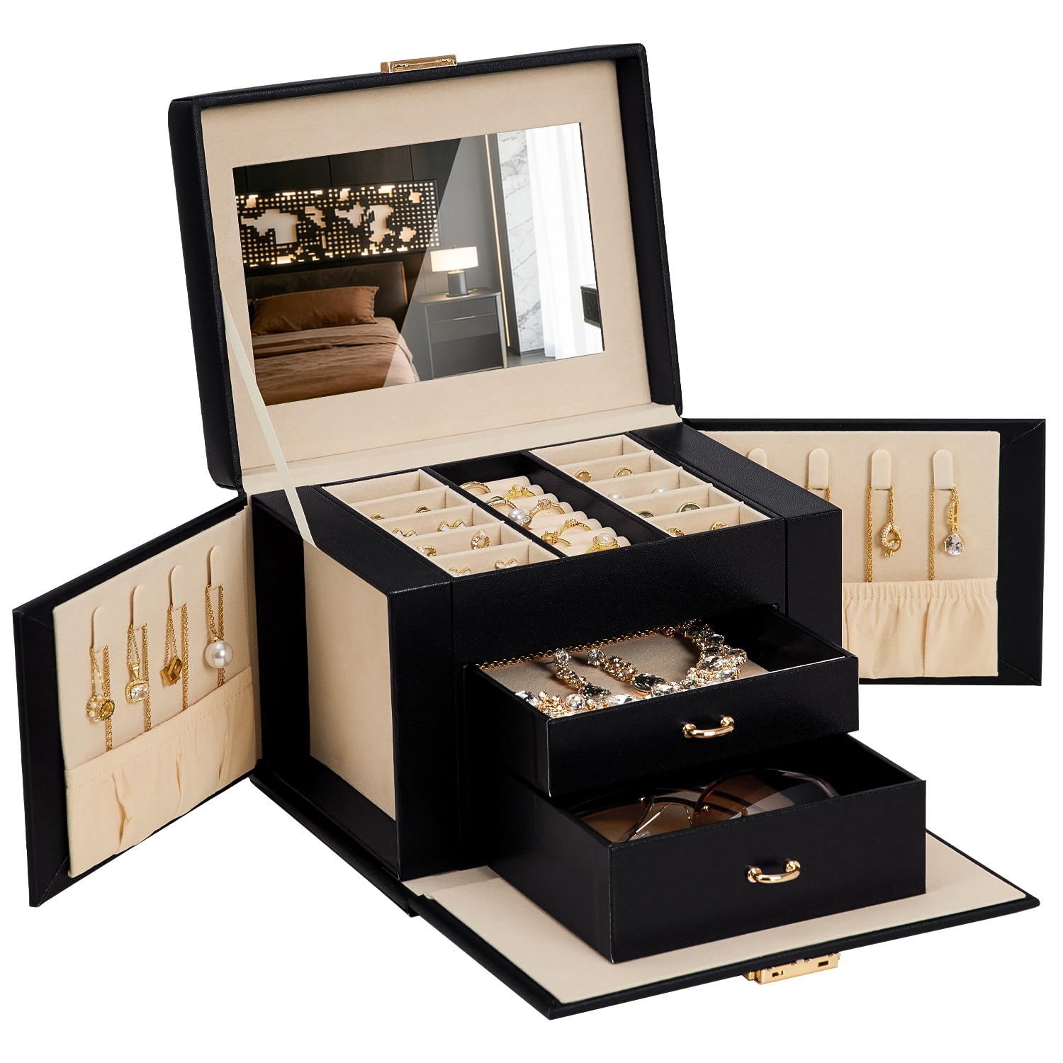Homde Girls Jewelry Box with Lock, Mirror, 2 Drawers and Necklace Hooks-Homde