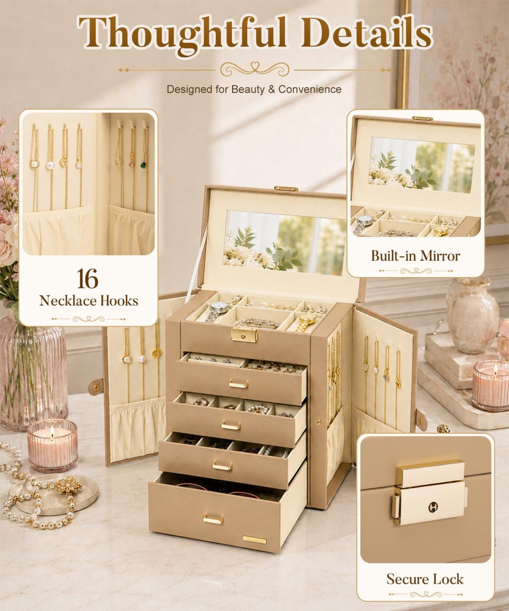 Homde Large Jewelry and Watch Box with Mirror, Lock and 4 Drawers-100-Homde