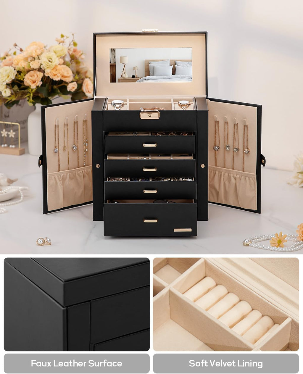Homde Large Jewelry and Watch Box with Mirror, Lock and 4 Drawers-101-Homde