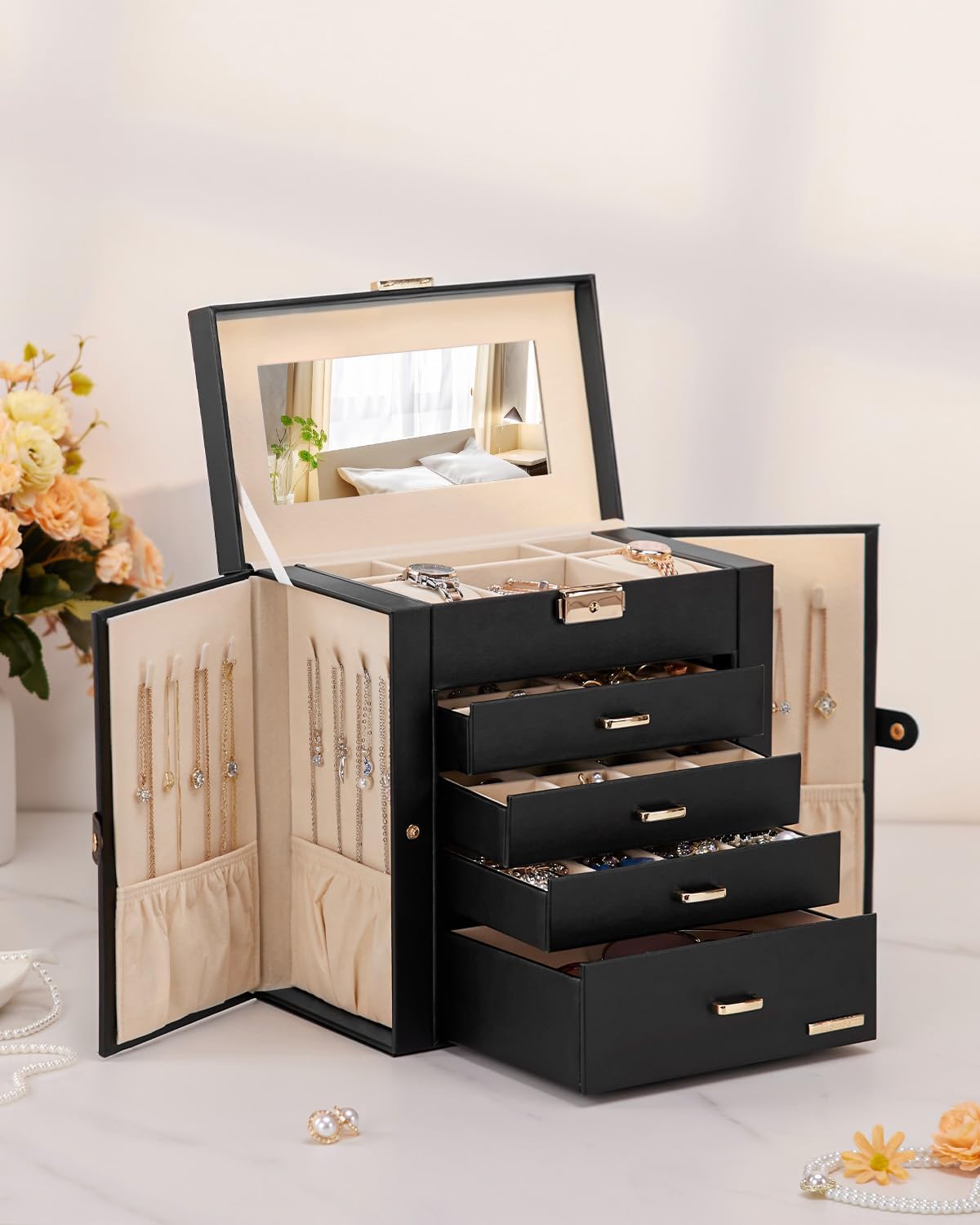 Homde Large Jewelry and Watch Box with Mirror, Lock and 4 Drawers-103-Homde