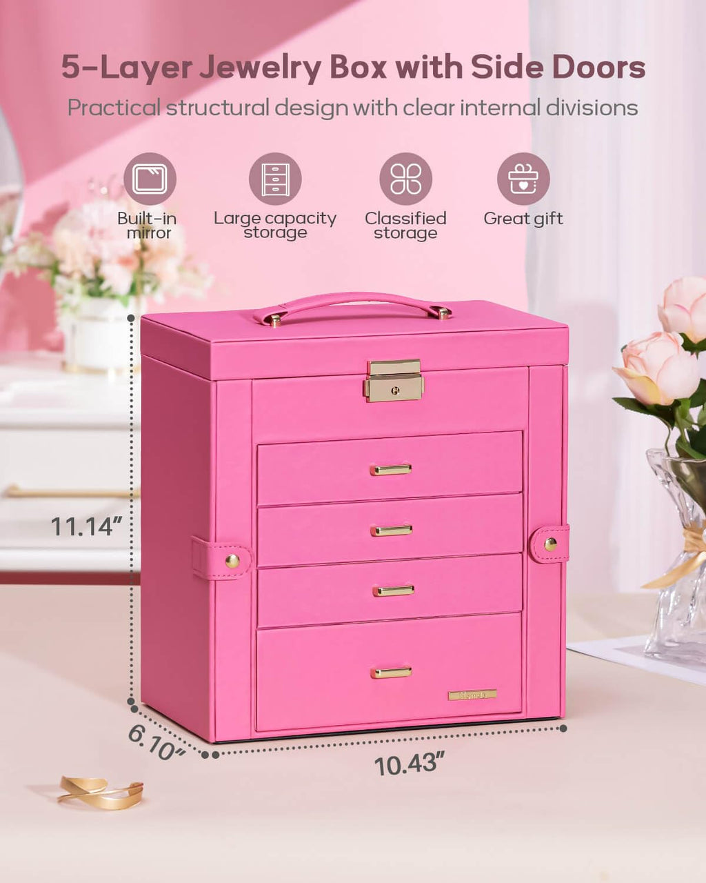 Homde Large Jewelry and Watch Box with Mirror, Lock and 4 Drawers-13-Homde
