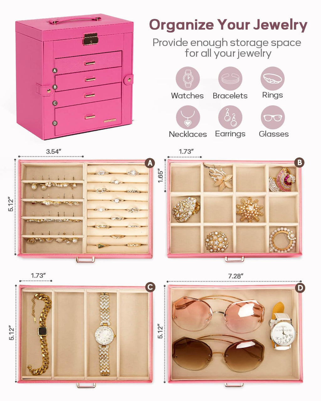 Homde Large Jewelry and Watch Box with Mirror, Lock and 4 Drawers-14-Homde