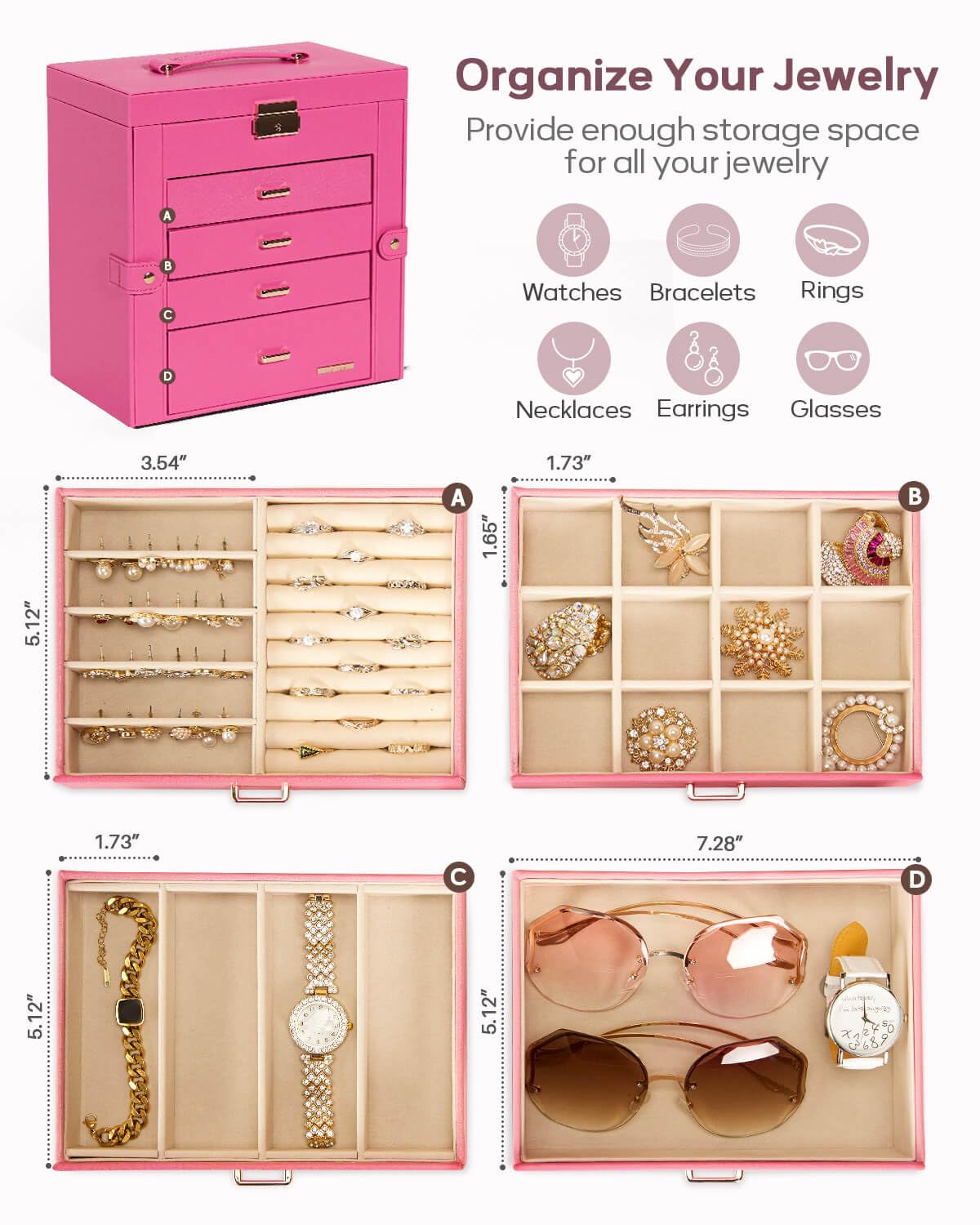 Homde Large Jewelry and Watch Box with Mirror, Lock and 4 Drawers-14-Homde