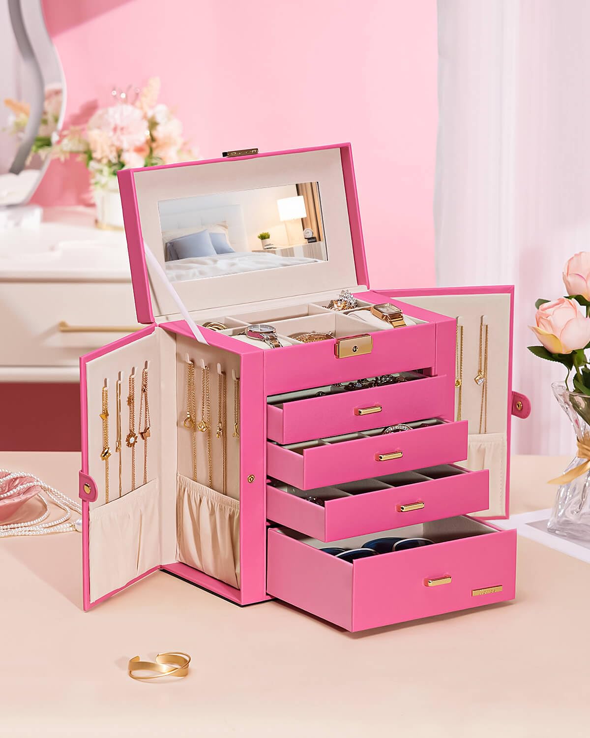 Homde Large Jewelry and Watch Box with Mirror, Lock and 4 Drawers-20-Homde