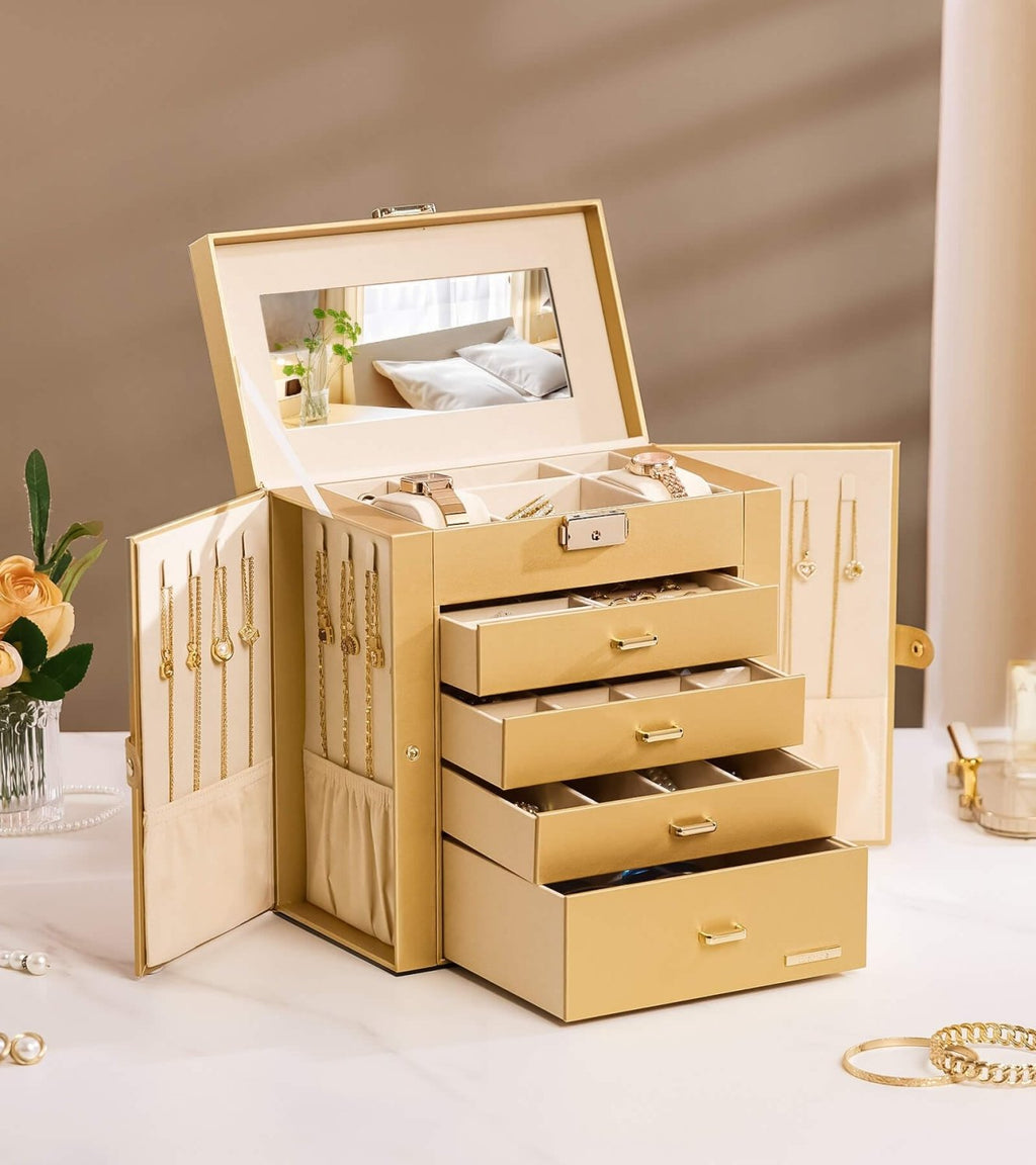 Homde Large Jewelry and Watch Box with Mirror, Lock and 4 Drawers-28-Homde
