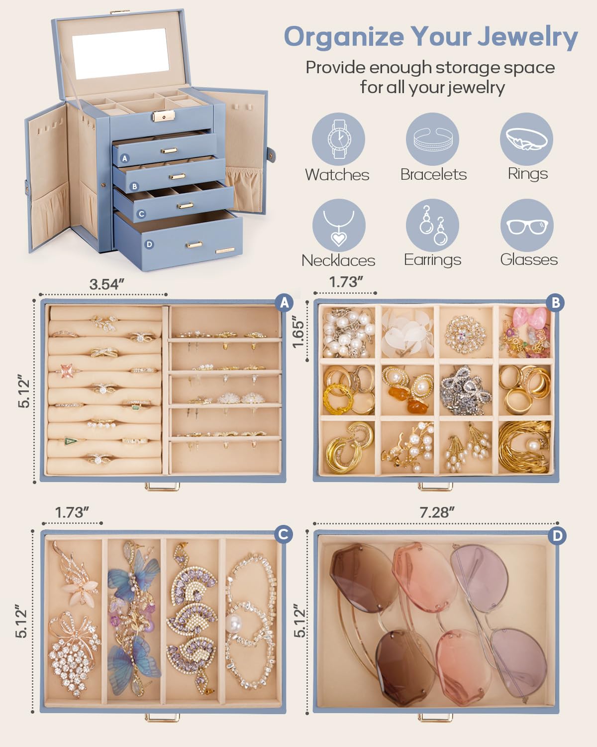 Homde Large Jewelry and Watch Box with Mirror, Lock and 4 Drawers-30-Homde