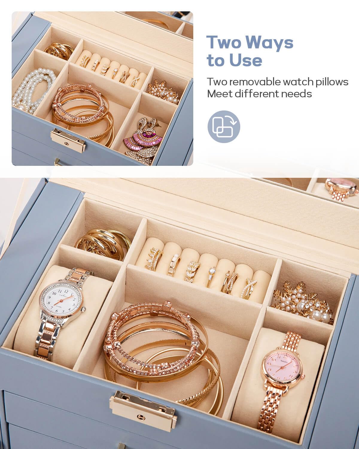 Homde Large Jewelry and Watch Box with Mirror, Lock and 4 Drawers-31-Homde