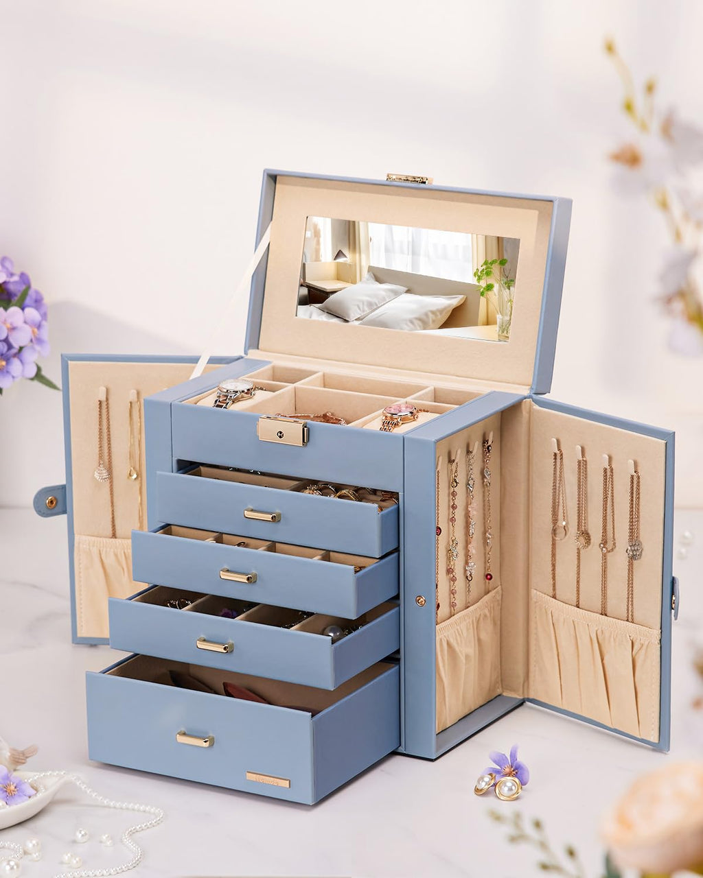 Homde Large Jewelry and Watch Box with Mirror, Lock and 4 Drawers-35-Homde