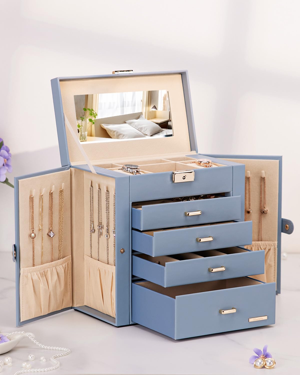 Homde Large Jewelry and Watch Box with Mirror, Lock and 4 Drawers-36-Homde