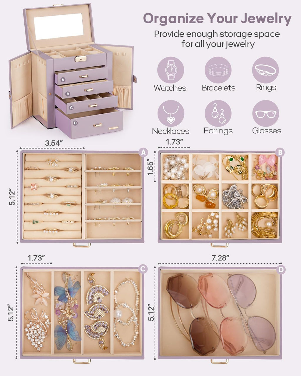 Homde Large Jewelry and Watch Box with Mirror, Lock and 4 Drawers-38-Homde