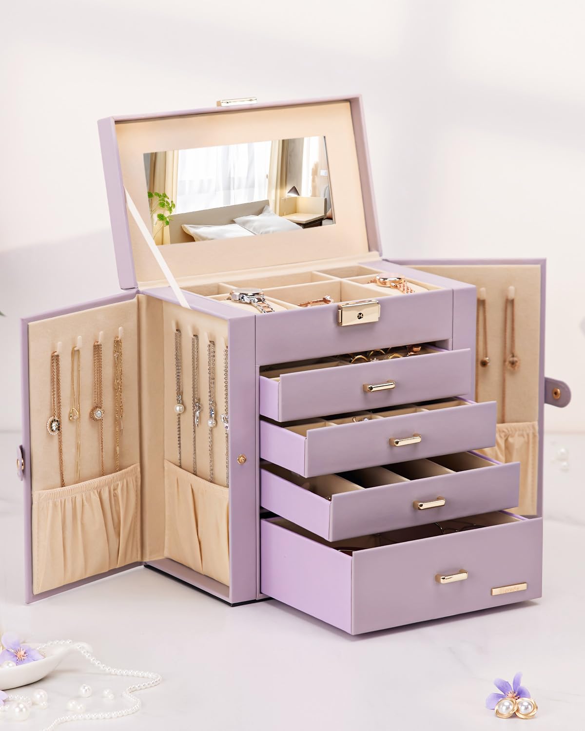 Homde Large Jewelry and Watch Box with Mirror, Lock and 4 Drawers-44-Homde