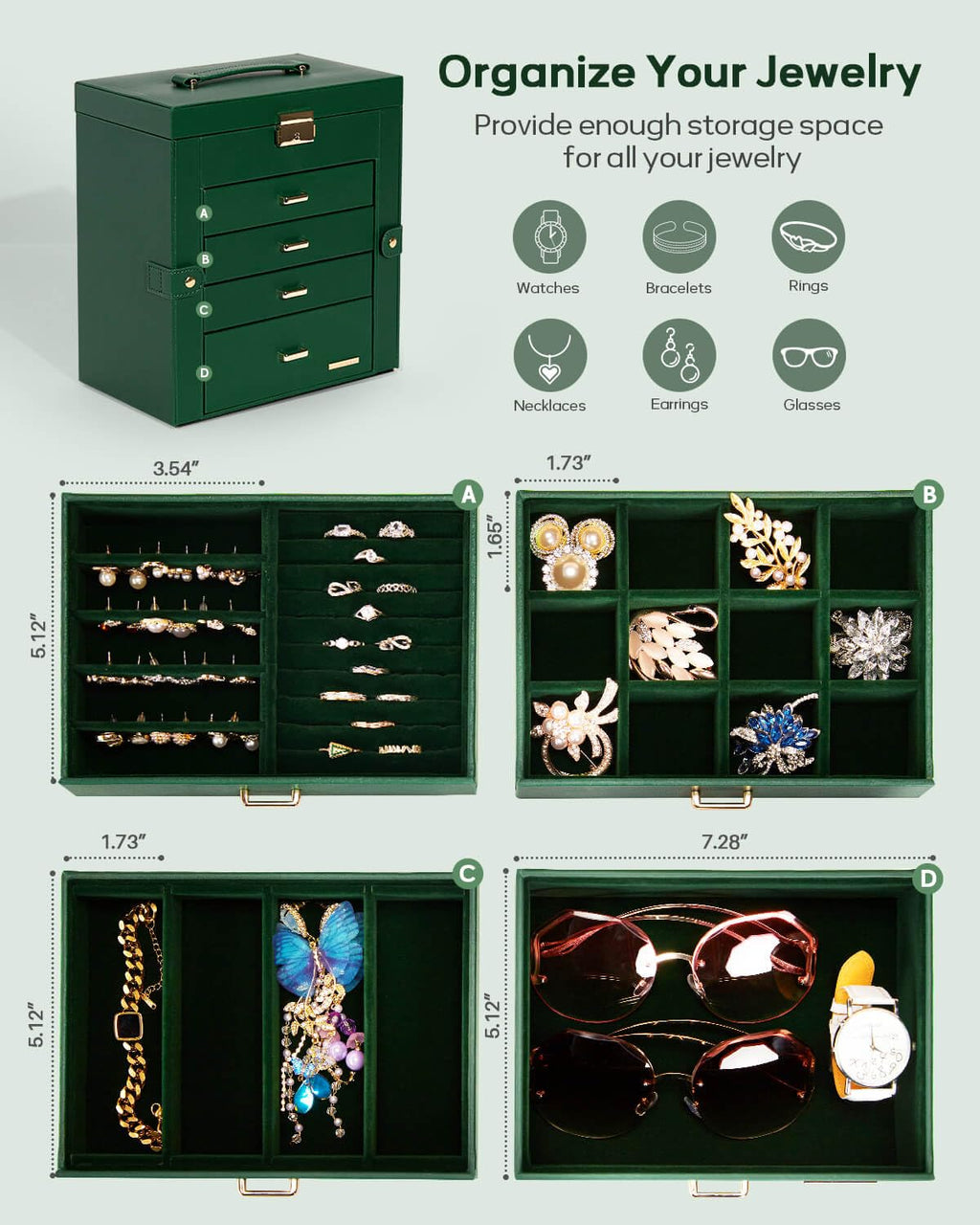 Homde Large Jewelry and Watch Box with Mirror, Lock and 4 Drawers-46-Homde