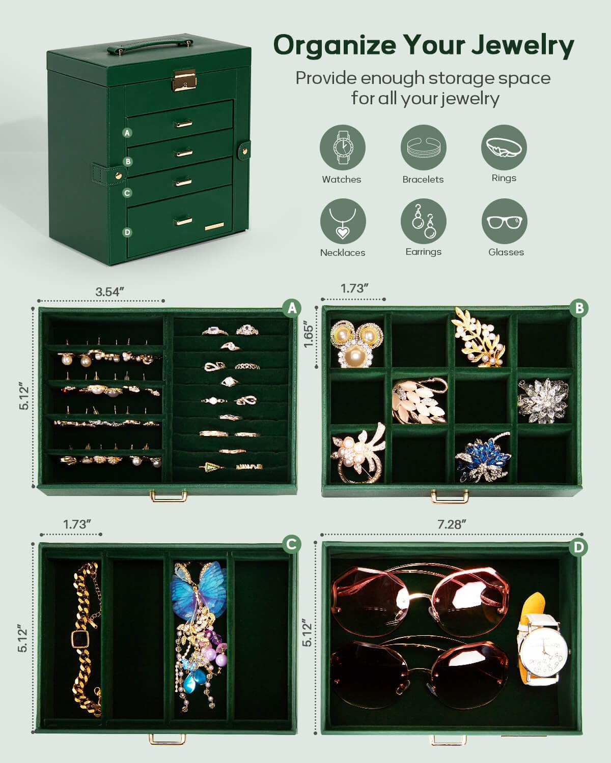 Homde Large Jewelry and Watch Box with Mirror, Lock and 4 Drawers-46-Homde