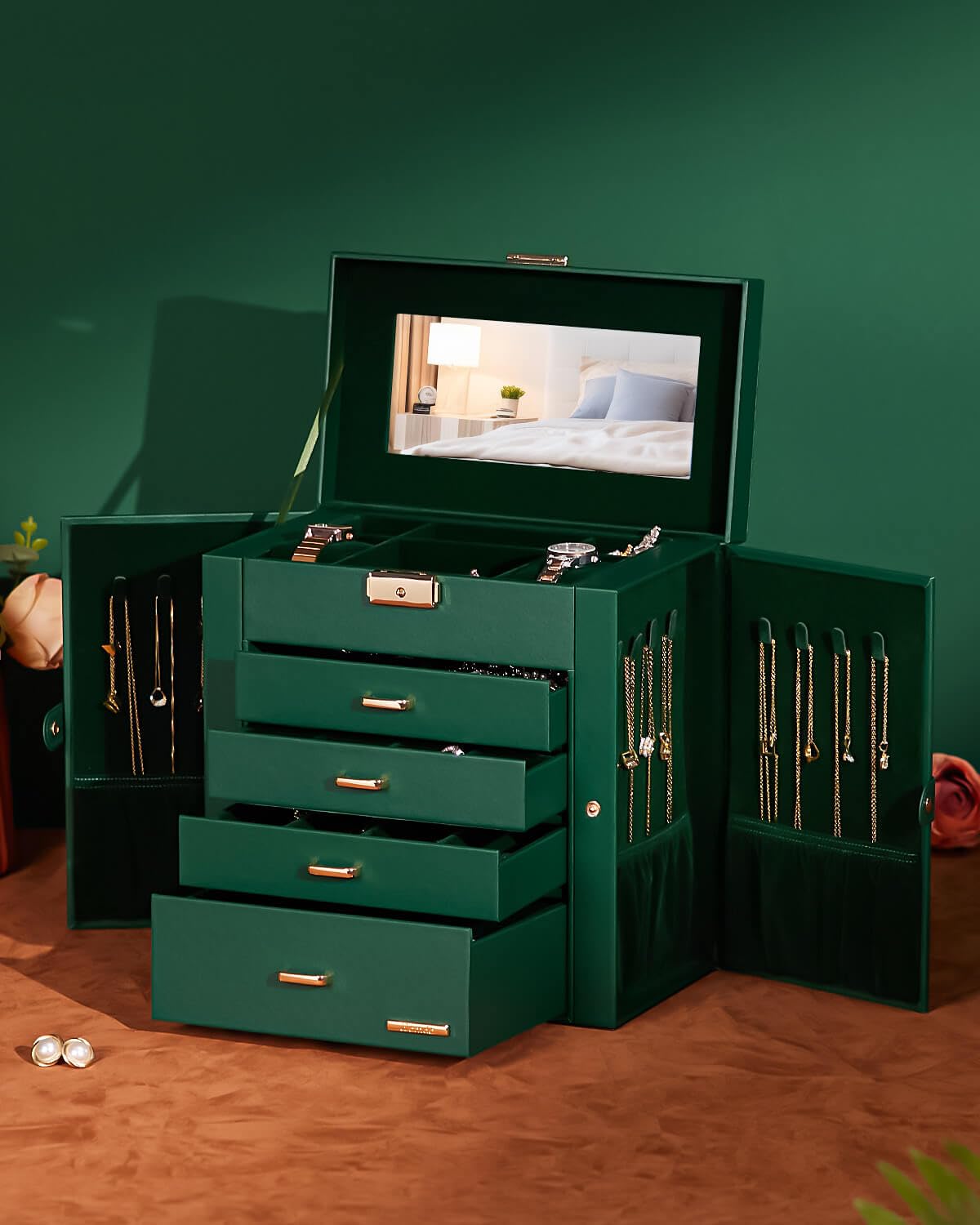 Homde Large Jewelry and Watch Box with Mirror, Lock and 4 Drawers-52-Homde
