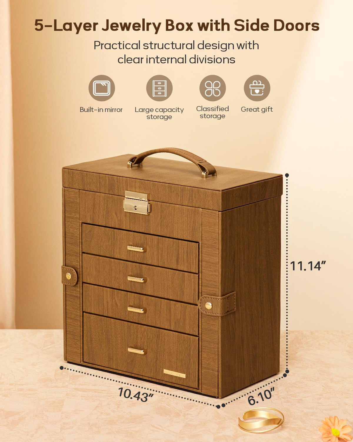 Homde Large Jewelry and Watch Box with Mirror, Lock and 4 Drawers-53-Homde