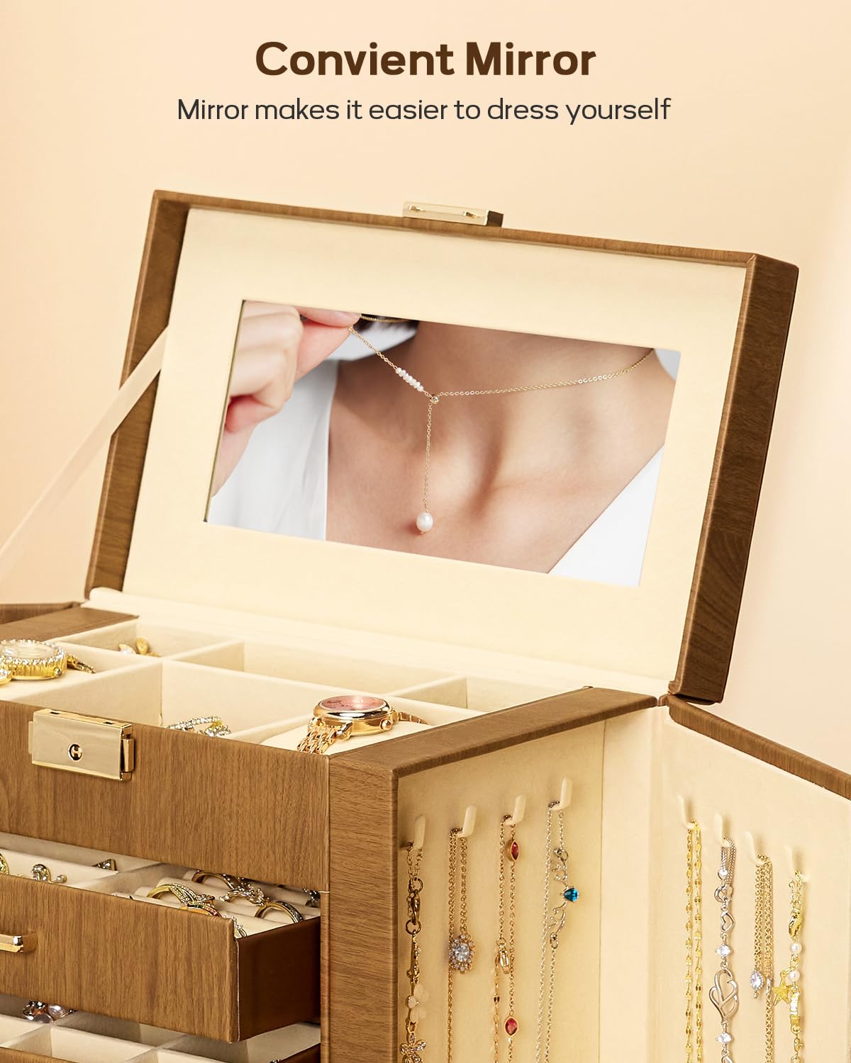 Homde Large Jewelry and Watch Box with Mirror, Lock and 4 Drawers-58-Homde
