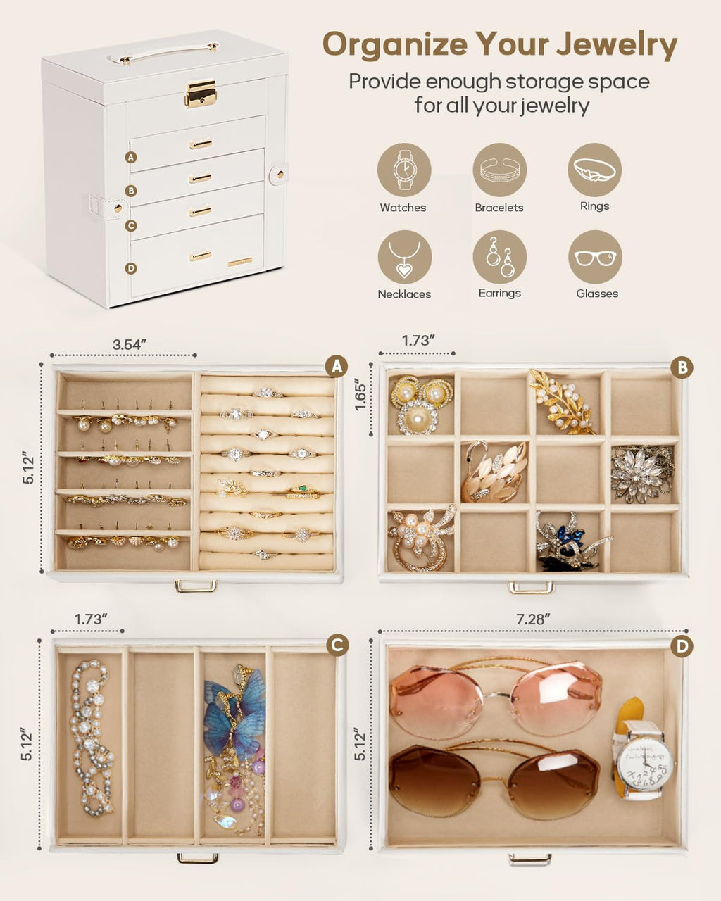 Homde Large Jewelry and Watch Box with Mirror, Lock and 4 Drawers-62-Homde