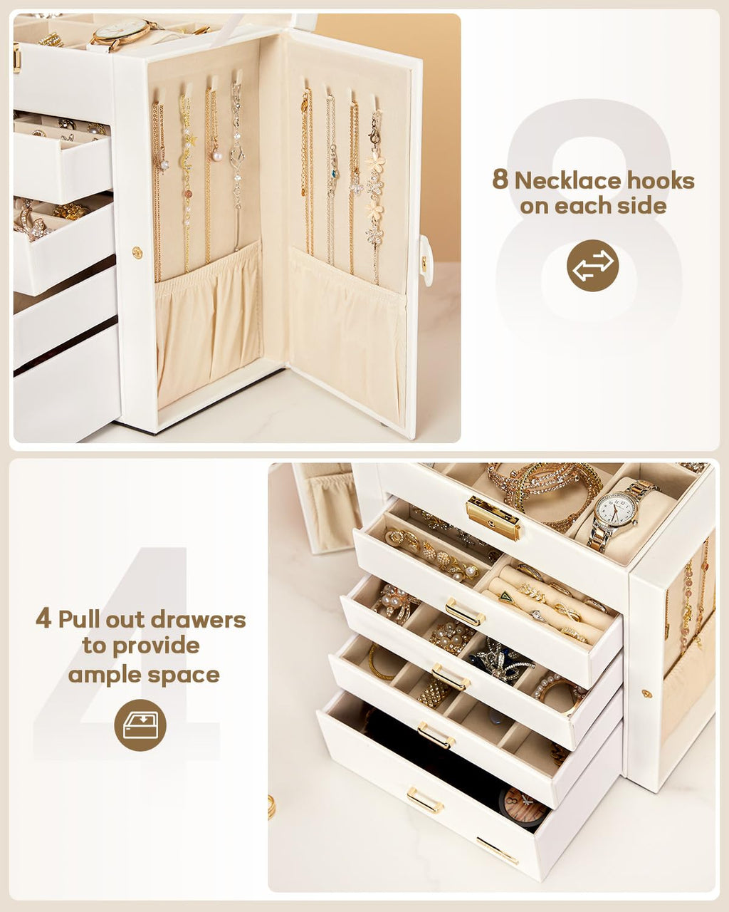 Homde Large Jewelry and Watch Box with Mirror, Lock and 4 Drawers-64-Homde