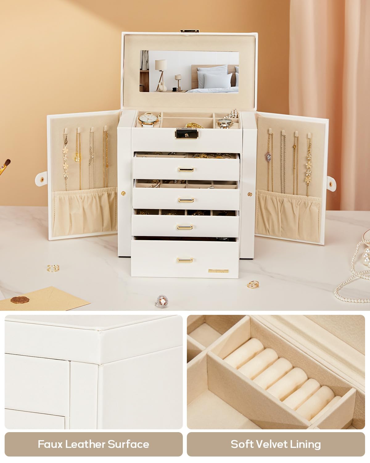 Homde Large Jewelry and Watch Box with Mirror, Lock and 4 Drawers-65-Homde