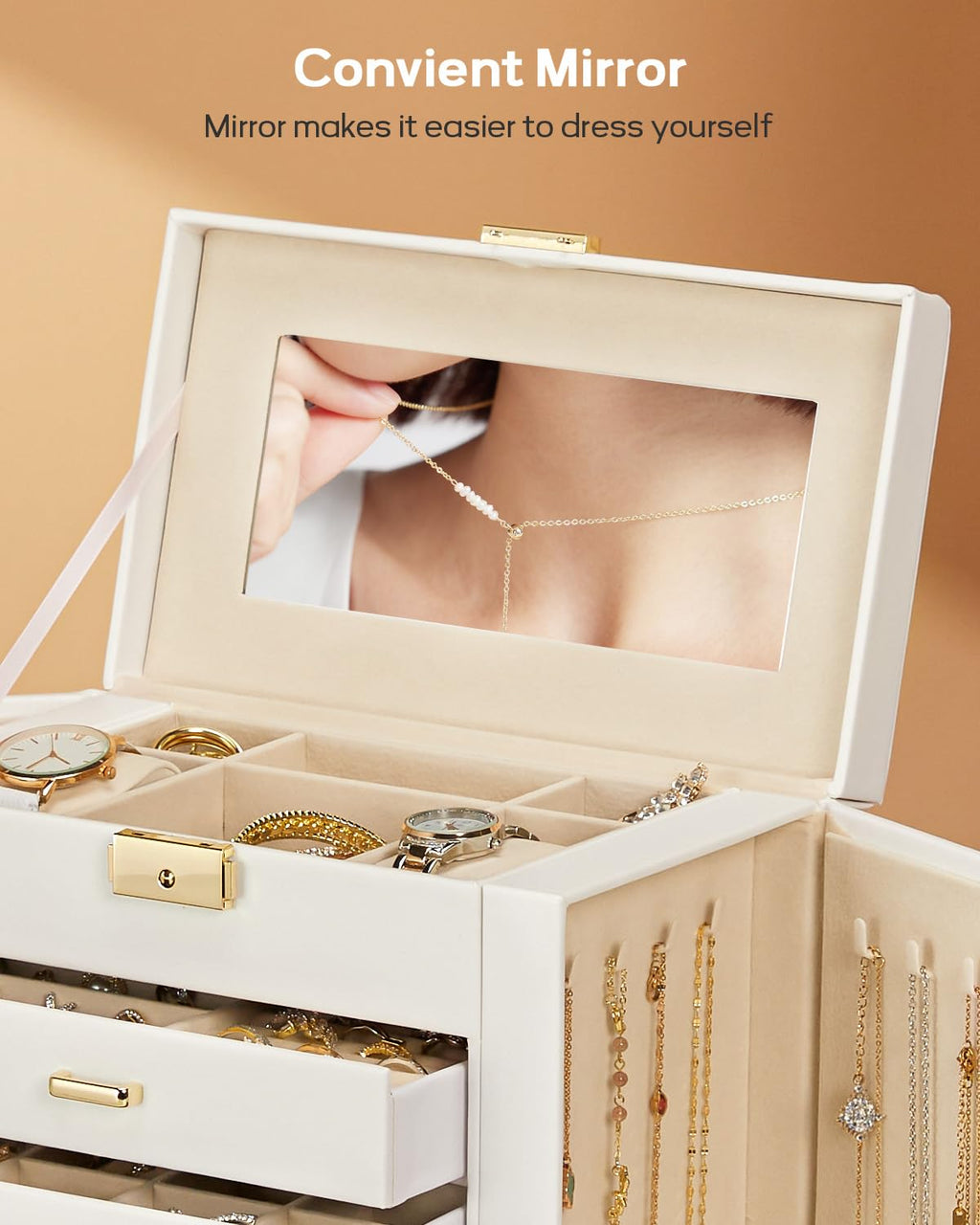 Homde Large Jewelry and Watch Box with Mirror, Lock and 4 Drawers-66-Homde