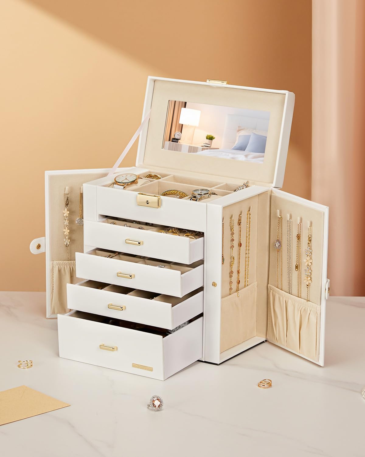 Homde Large Jewelry and Watch Box with Mirror, Lock and 4 Drawers-67-Homde