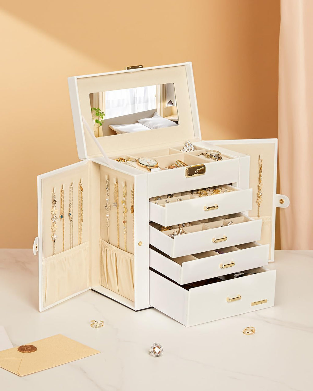 Homde Large Jewelry and Watch Box with Mirror, Lock and 4 Drawers-68-Homde