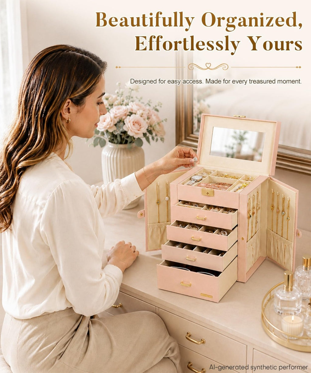 Homde Large Jewelry and Watch Box with Mirror, Lock and 4 Drawers-70-Homde
