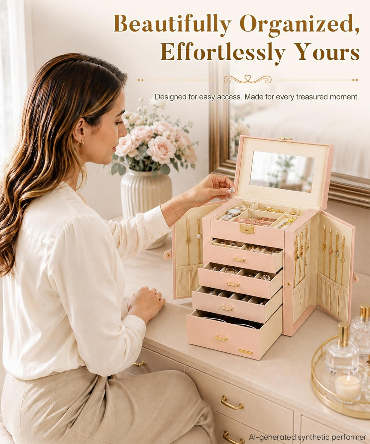 Homde Large Jewelry and Watch Box with Mirror, Lock and 4 Drawers-70-Homde