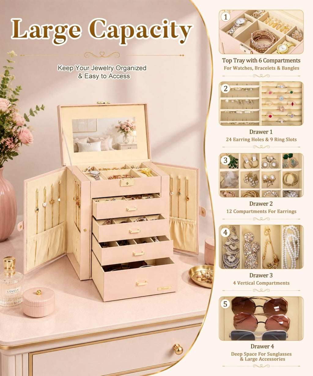 Homde Large Jewelry and Watch Box with Mirror, Lock and 4 Drawers-72-Homde