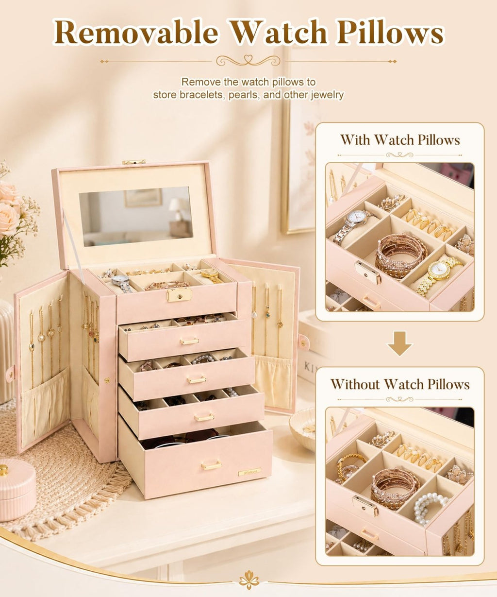 Homde Large Jewelry and Watch Box with Mirror, Lock and 4 Drawers-74-Homde
