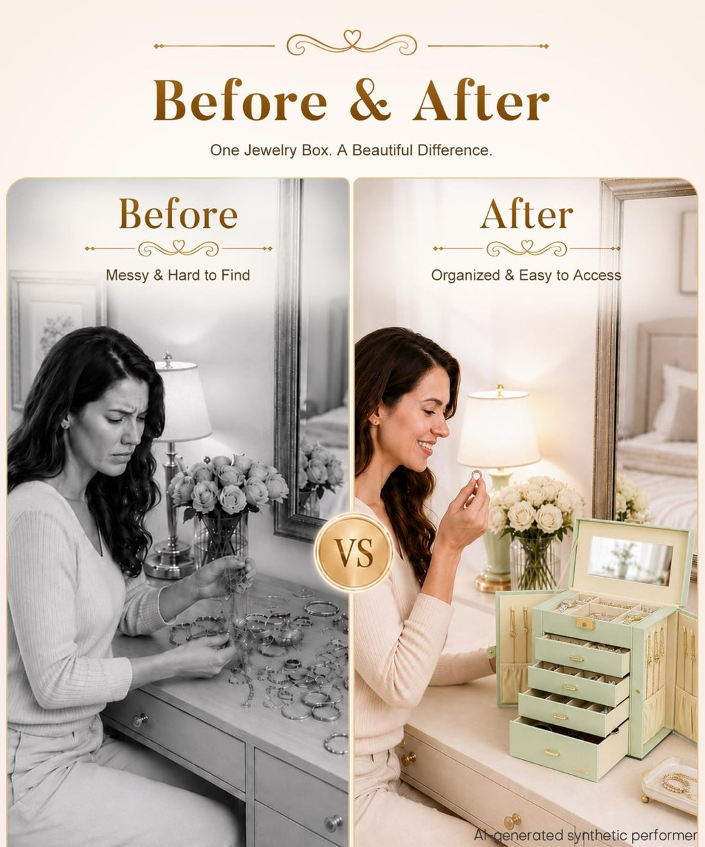 Homde Large Jewelry and Watch Box with Mirror, Lock and 4 Drawers-85-Homde