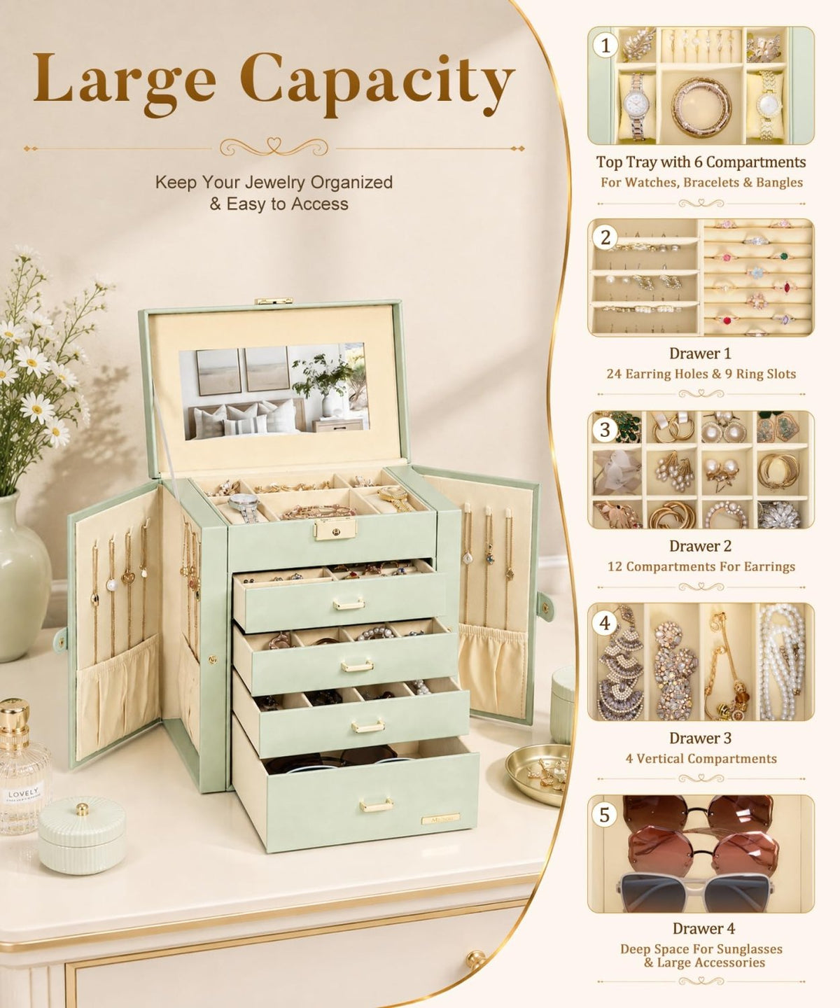 Homde Large Jewelry and Watch Box with Mirror, Lock and 4 Drawers-88-Homde