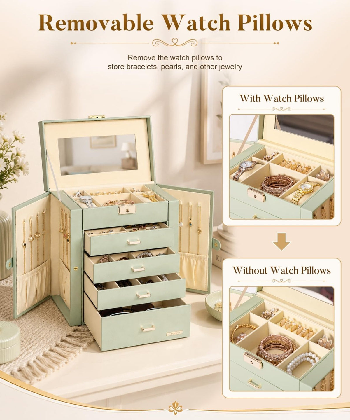 Homde Large Jewelry and Watch Box with Mirror, Lock and 4 Drawers-90-Homde