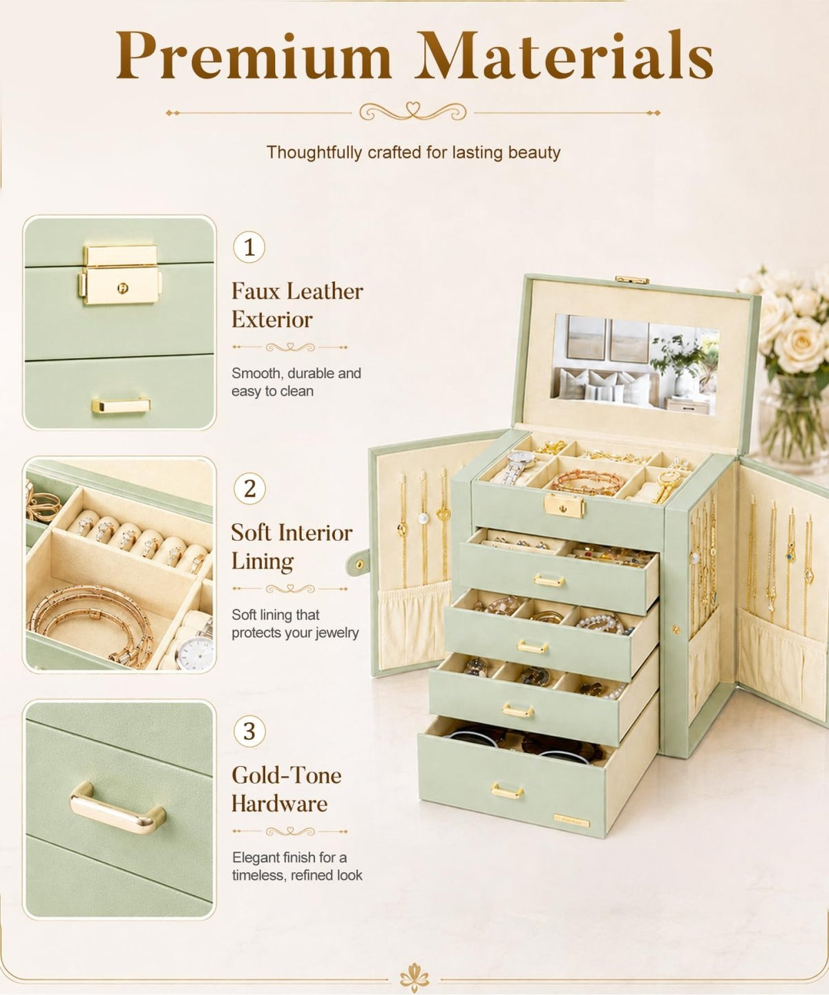 Homde Large Jewelry and Watch Box with Mirror, Lock and 4 Drawers-91-Homde