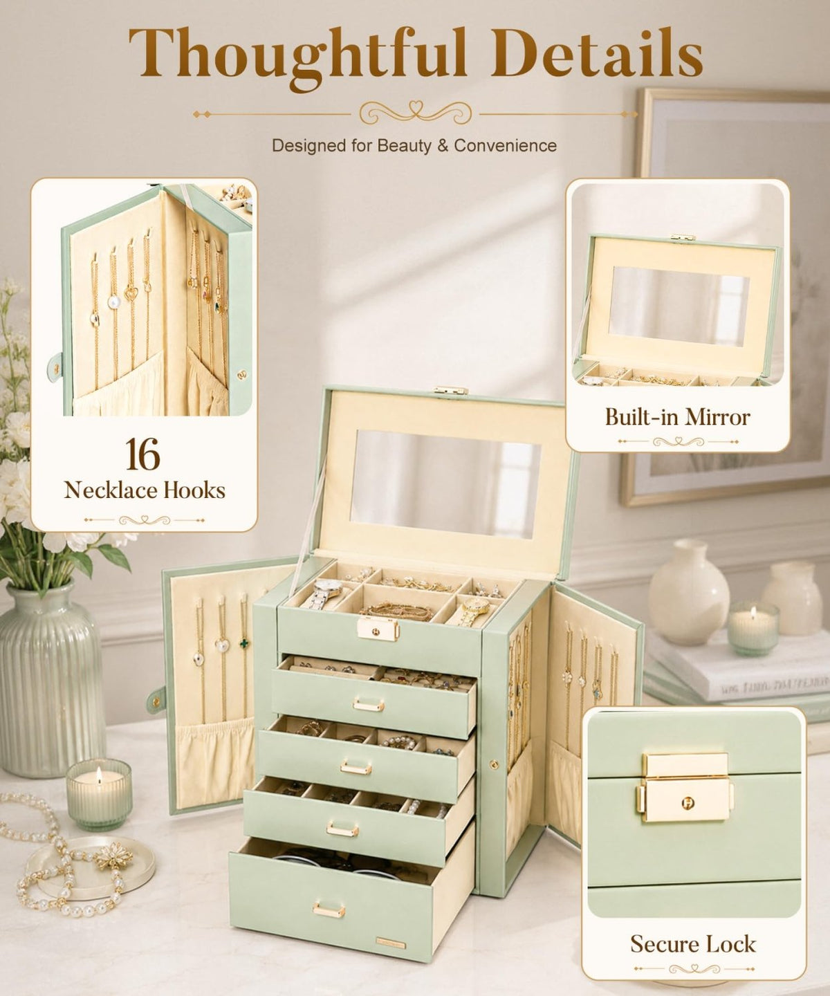 Homde Large Jewelry and Watch Box with Mirror, Lock and 4 Drawers-92-Homde