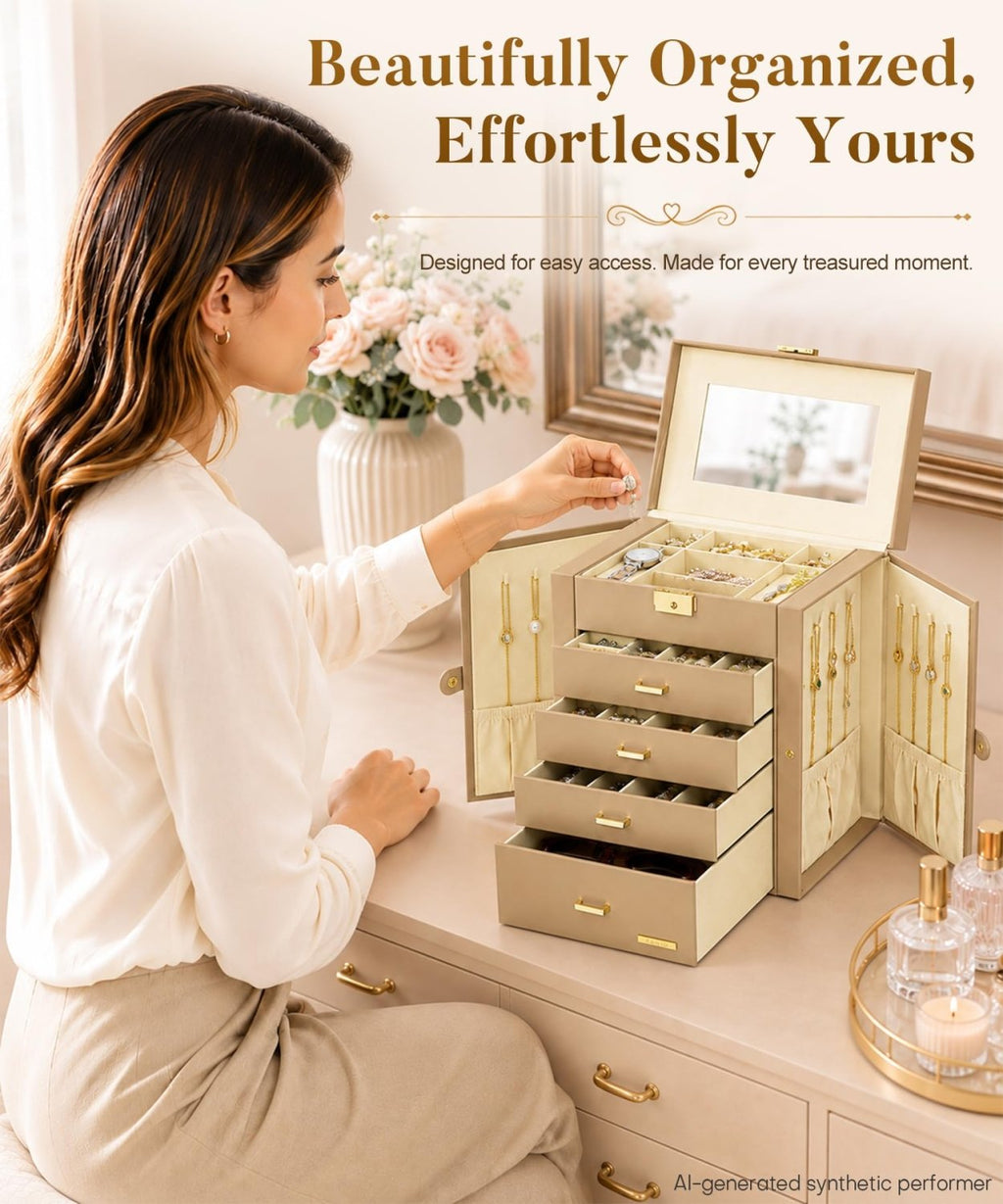 Homde Large Jewelry and Watch Box with Mirror, Lock and 4 Drawers-94-Homde