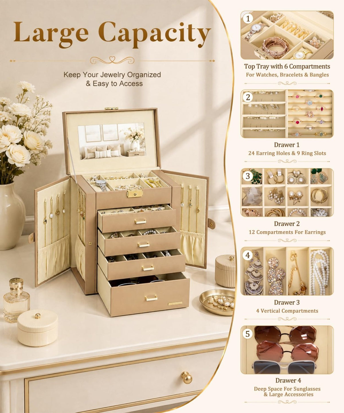 Homde Large Jewelry and Watch Box with Mirror, Lock and 4 Drawers-96-Homde