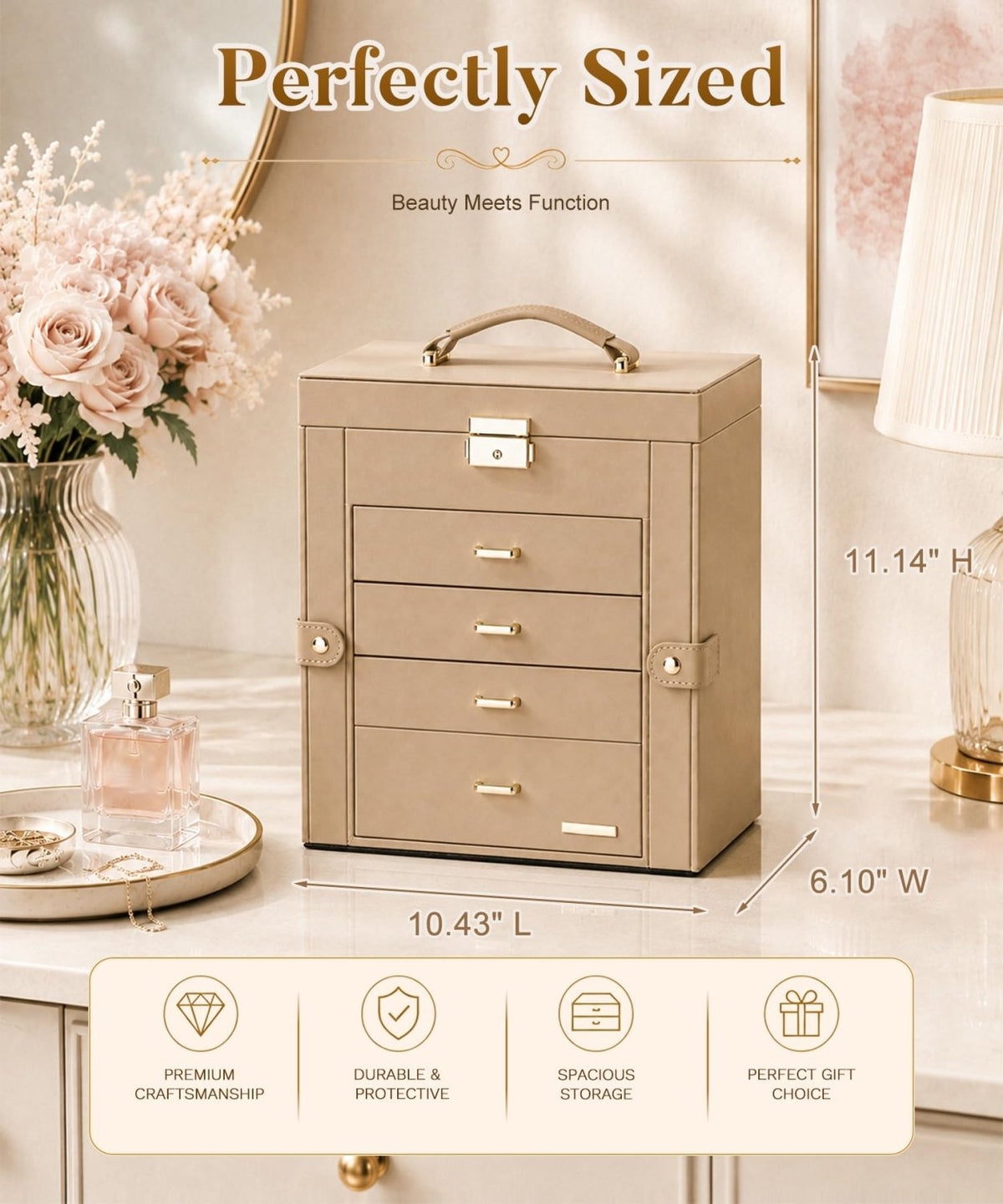 Homde Large Jewelry and Watch Box with Mirror, Lock and 4 Drawers-97-Homde