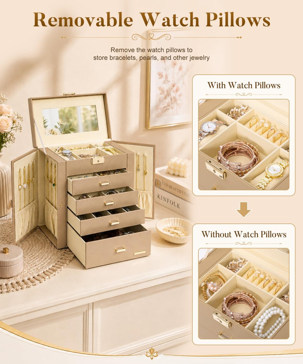 Homde Large Jewelry and Watch Box with Mirror, Lock and 4 Drawers-98-Homde